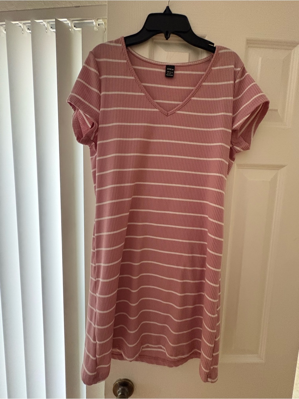 SHEIN Pink and White Ribbed Stripe Tee Dress